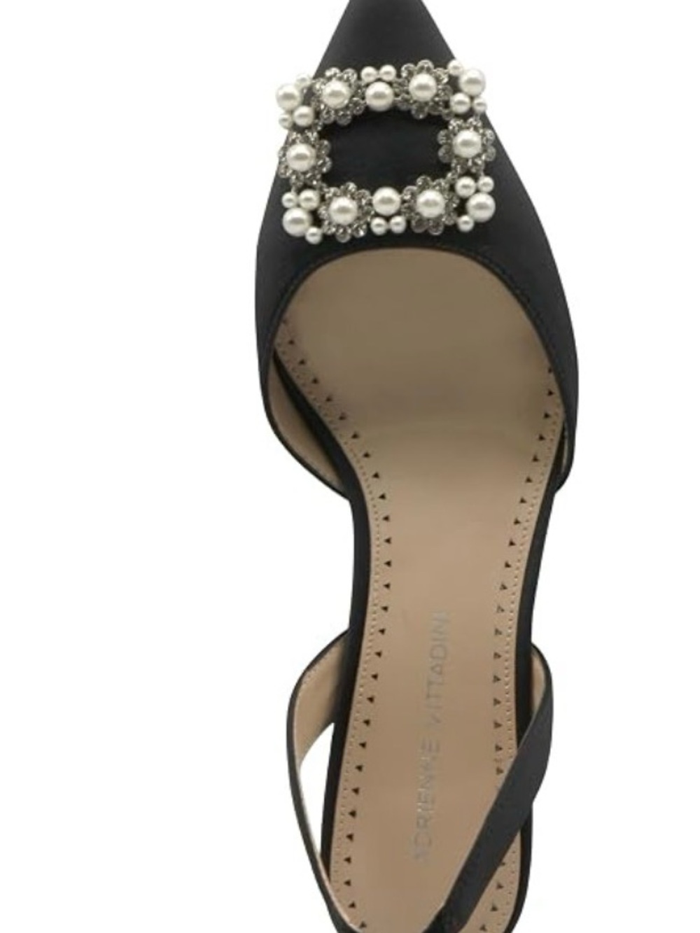 NWT Adrienne Vittadini Black Satin Pearl & Rhinestone Slingback kitten heel